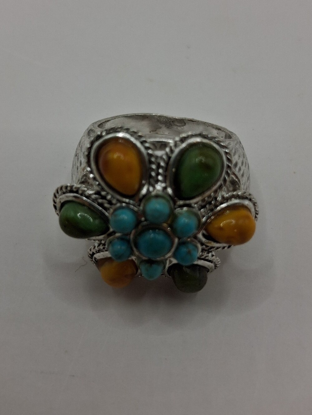 Silver Tone Cluster Flower Cocktail Ring Blue Green Yellow Stones 7.5